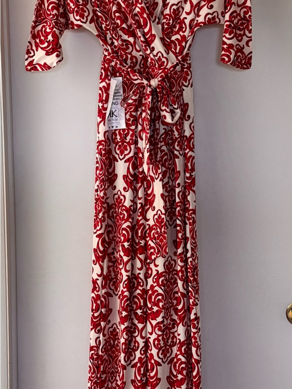 Red and White Patterned Wrap Dress - Women's Elegant Maxi